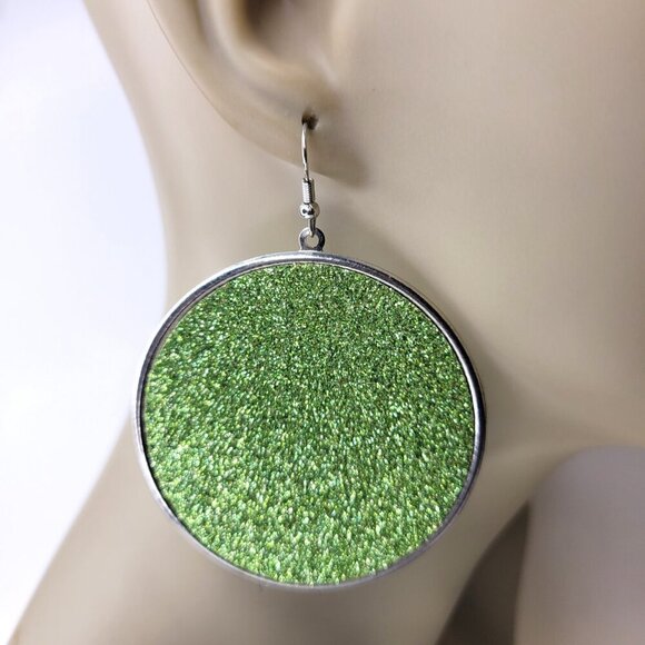 Green Glitter Round Earrings - Picture 2 of 4